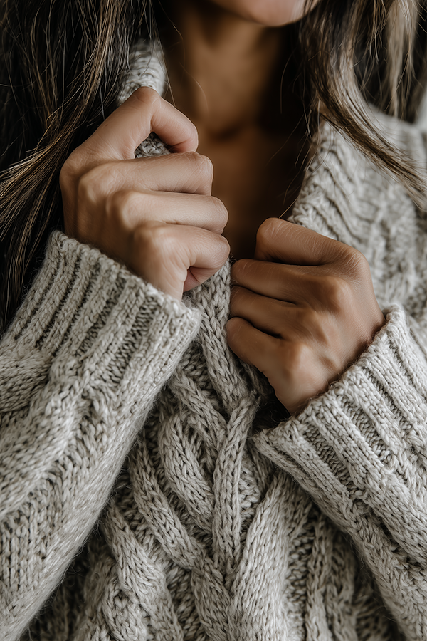 close up of hands of a woman pulling on an old fisherman sweater
