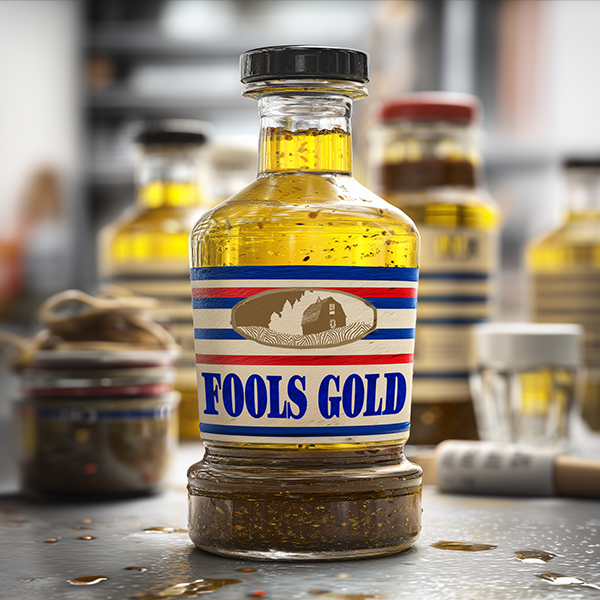 bottle of "Fools Gold" marinade, product photography