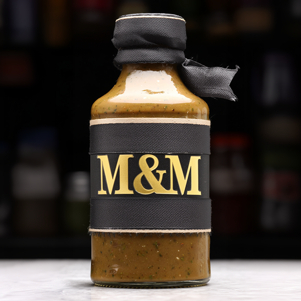 bottle of "M&M" marinade, product photography