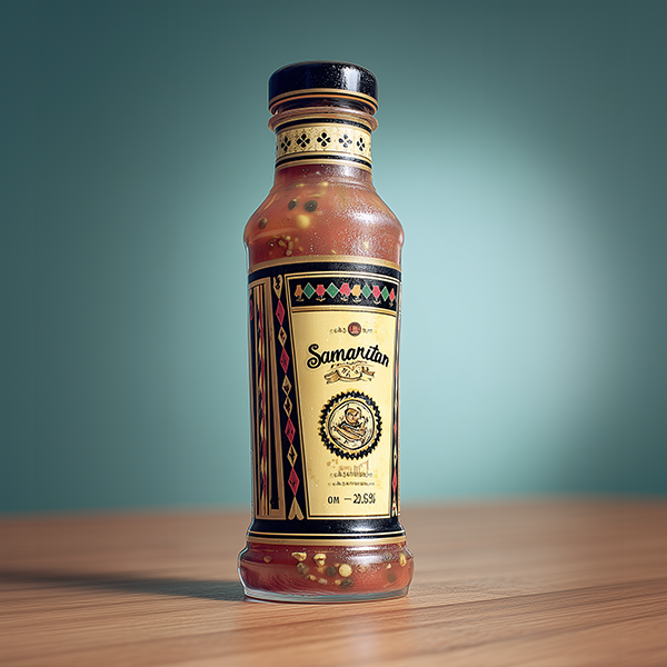 bottle of "Samaritan" marinade, product photography